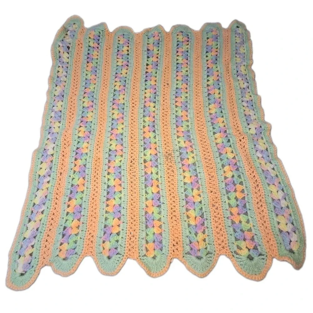 Vtg Handmade Crochet Baby Blanket Mile A Minute Ripple Afghan Mint Orange Pastel